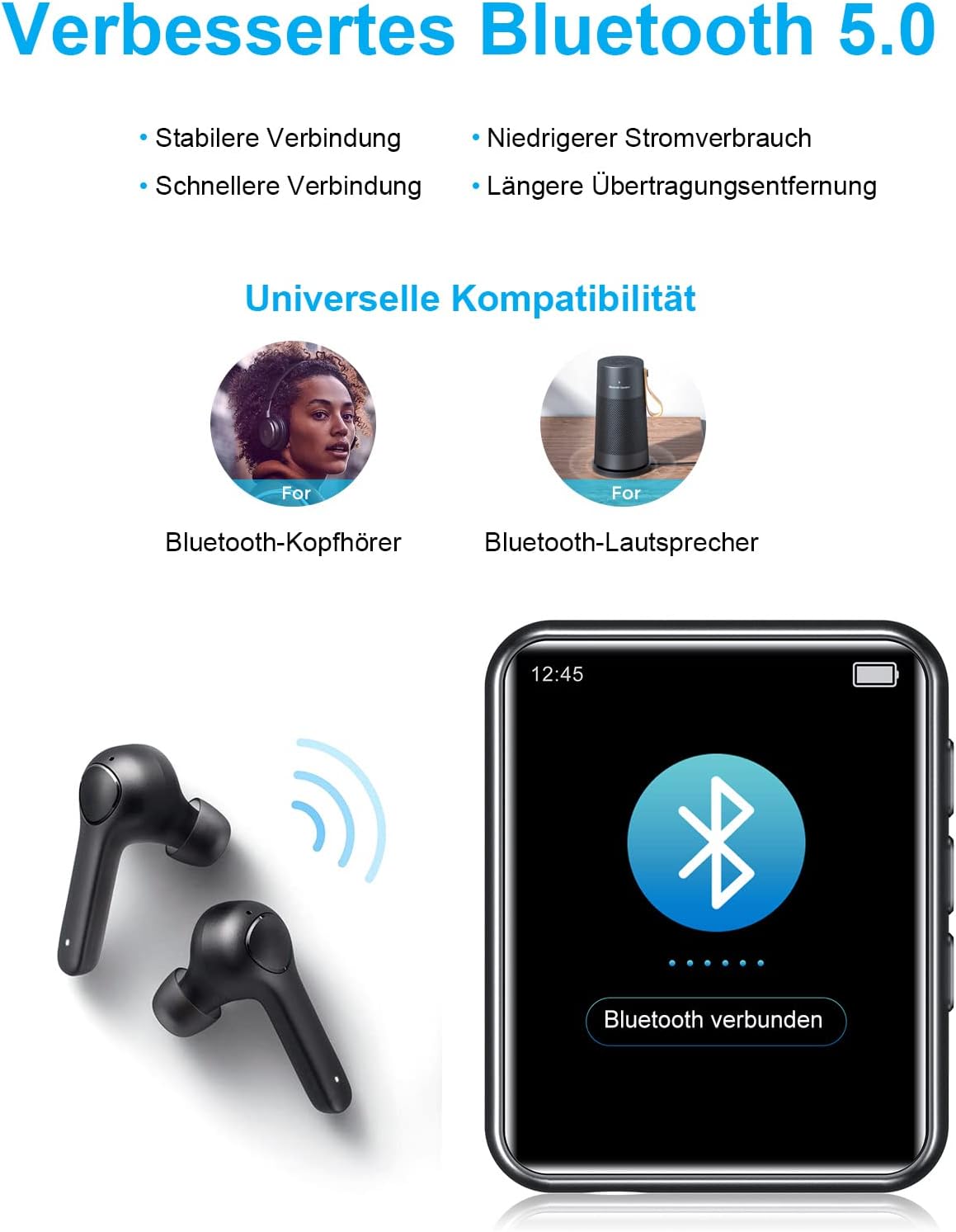 Voller Touchscreen Bluetooth 5.0 MP3, Black/64GB
