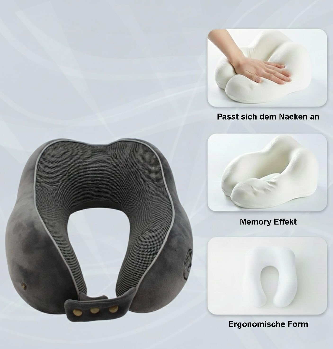 Verstellbares Memory Foam Reisekissen mit 360° Stütze, Raws - Grau