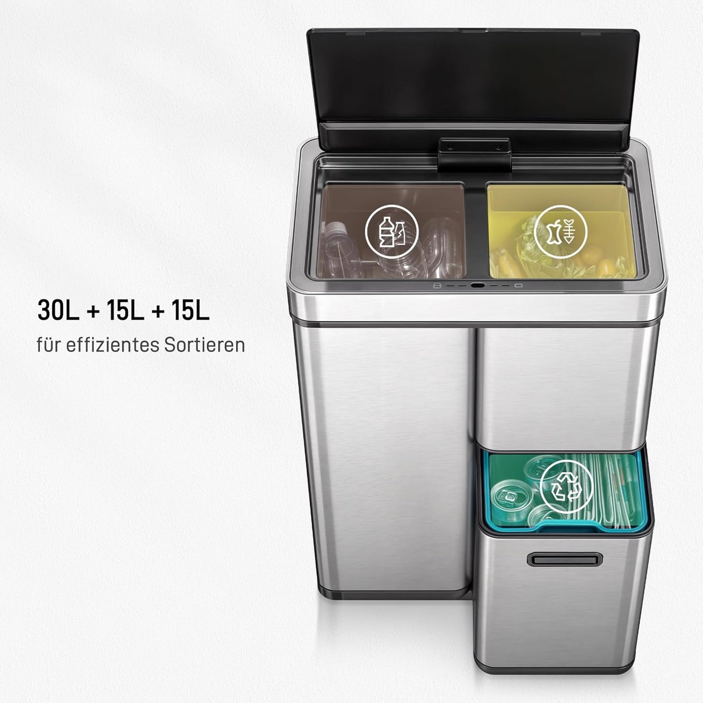 Mülltrennsystem mit 3 Fächern, 30+15+15 Liter-Edelstahl
