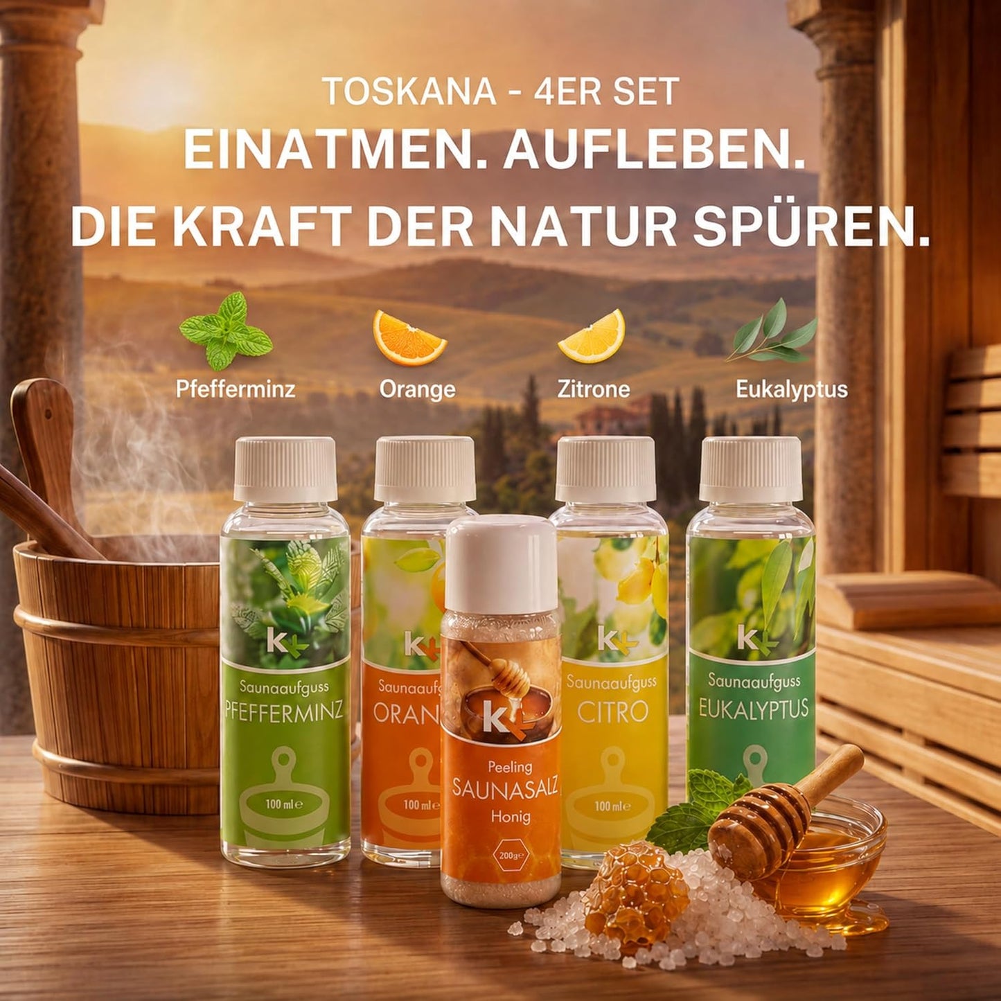 Saunaaufguss Geschenkset Toskana mit Honig Peeling, 4x100ml, Toskana