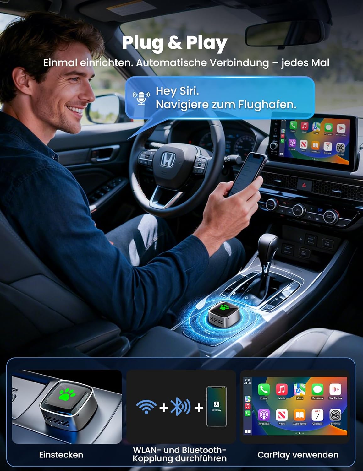 Wireless CarPlay Adapter USB/Type-C Plug & Play, czarny