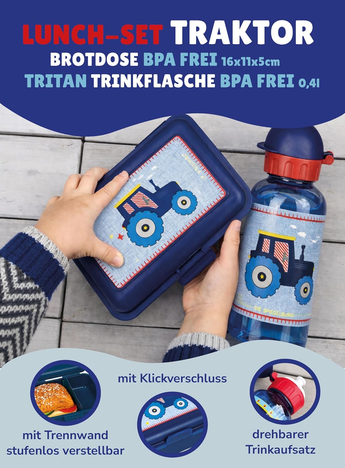 4-teiliges Kindergartenrucksack-Set, Traktor - Blau Rucksack-Set