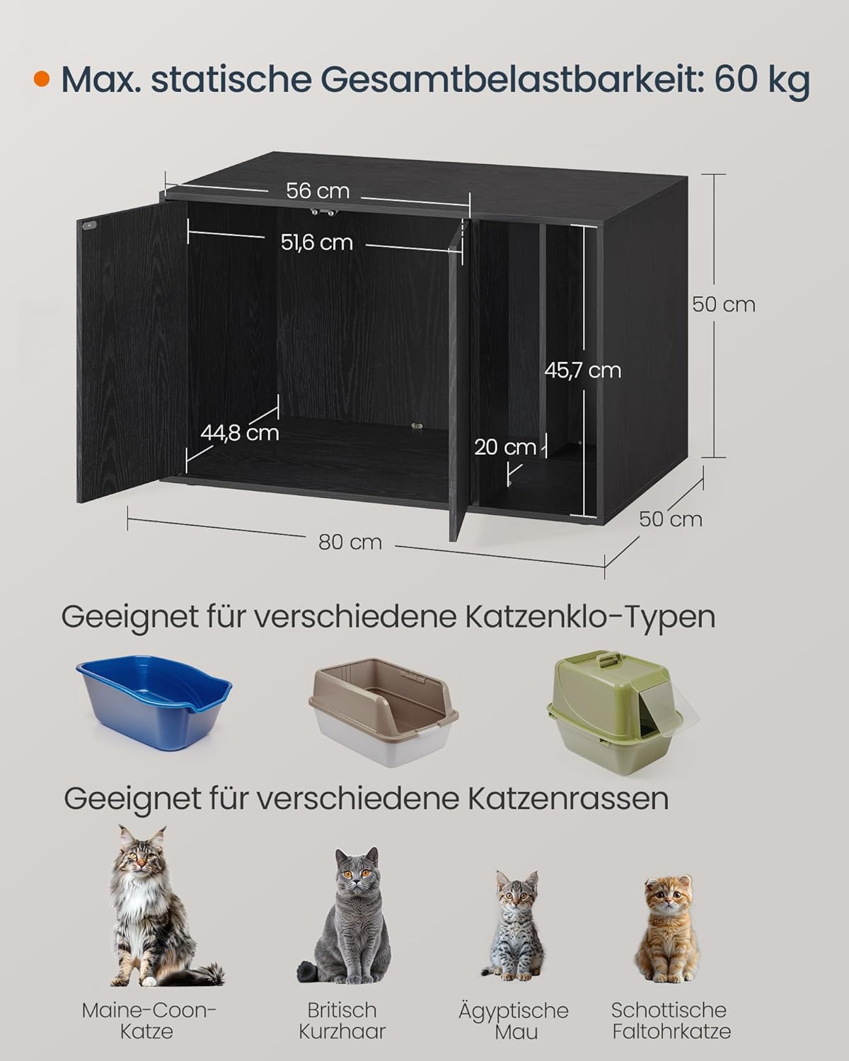 Katzenklo-Schrank mit werkzeugloser Montage, 80 x 50 x 50 cm Minimalstil schwarz