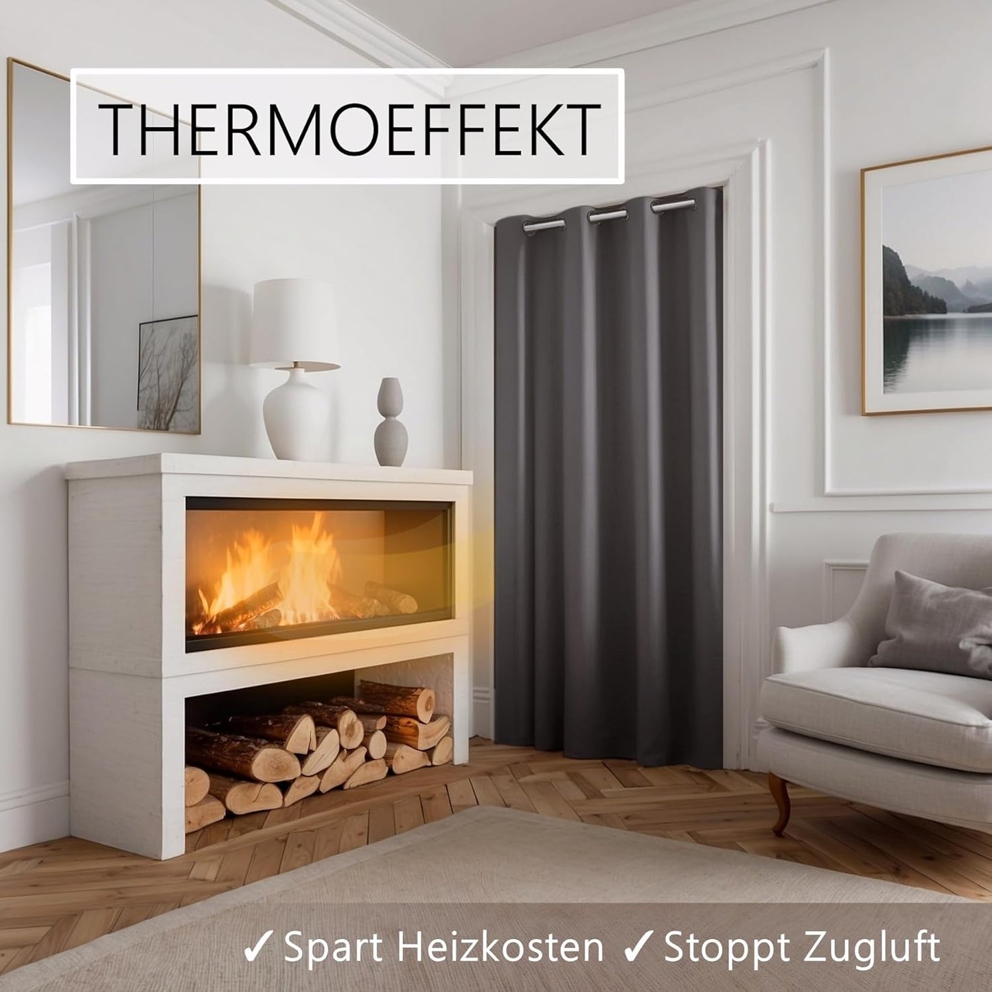Thermo Türvorhang mit Teleskopstange, bohrfreie Montage, H200 x B150 cm (1er Pack) Vorhang Grau + Stange Weiss 70-120 Cm