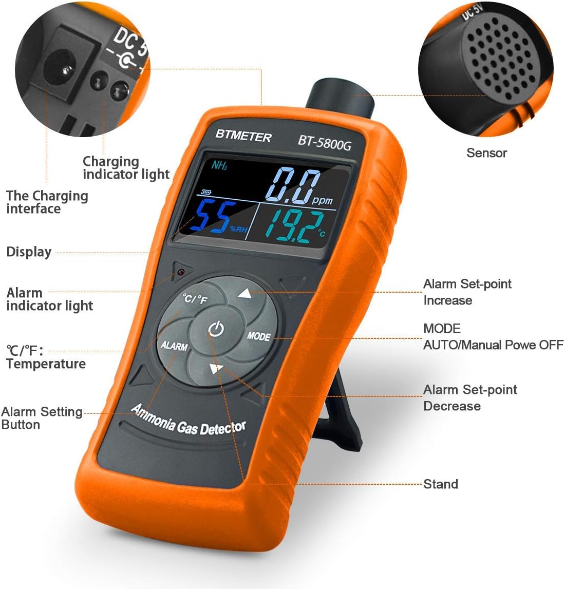 Ammoniak Gasdetektor BT-5800G mit Temp- und Feuchtemessung, Bt-5800g Ammonia Gas Detector