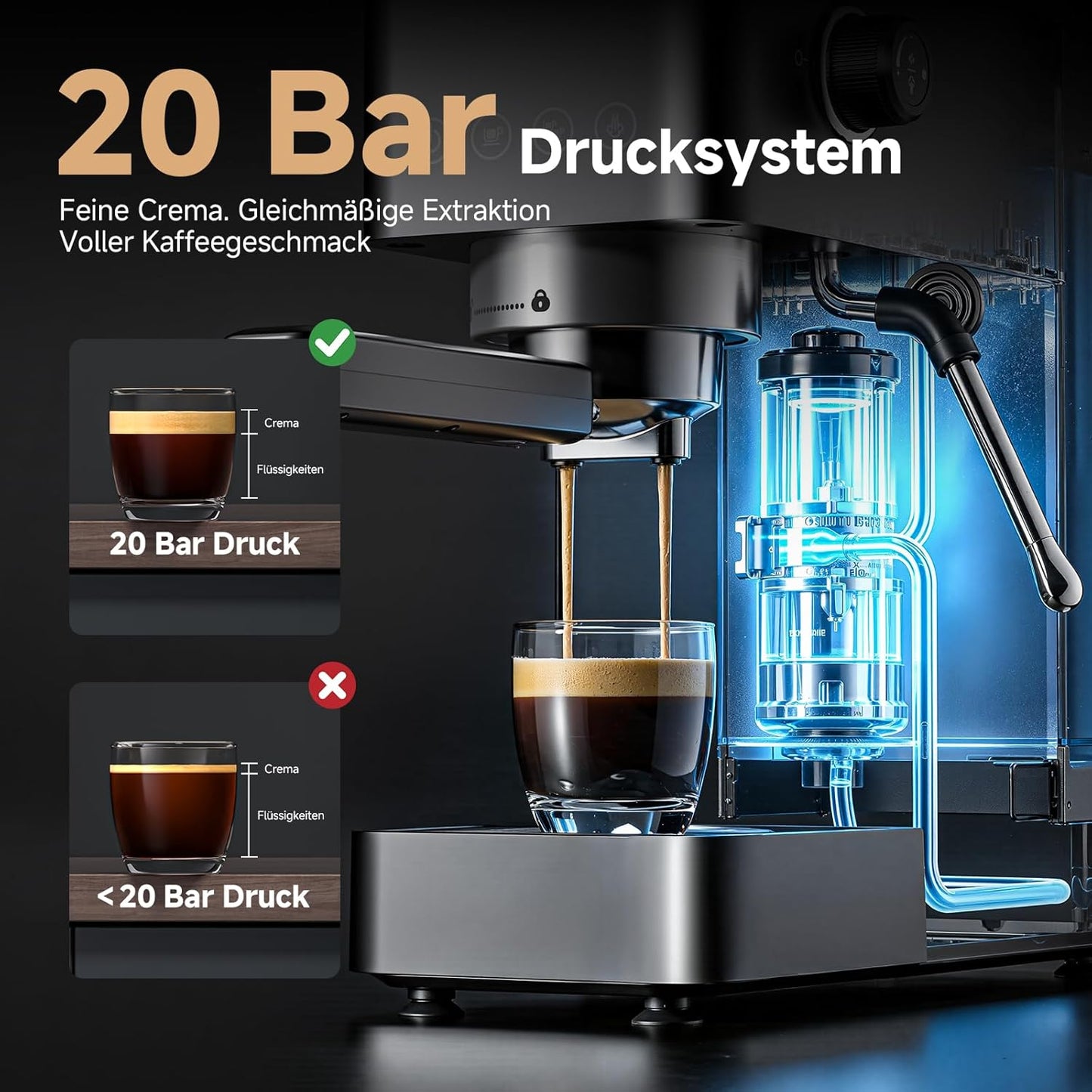 Siebträgermaschine mit Milchaufschäumer, All Black