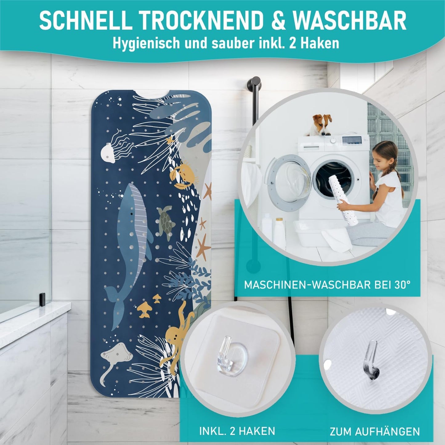 Rutschfeste Badewannenmatte, 100x40 cm, Badewannenmatte Wasserwelt Blau