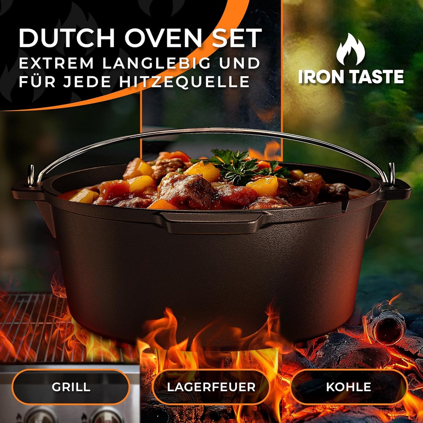 Gusseiserner Dutch Oven 9L mit Füssen & Deckelheber, mit Füssen 9 Liter