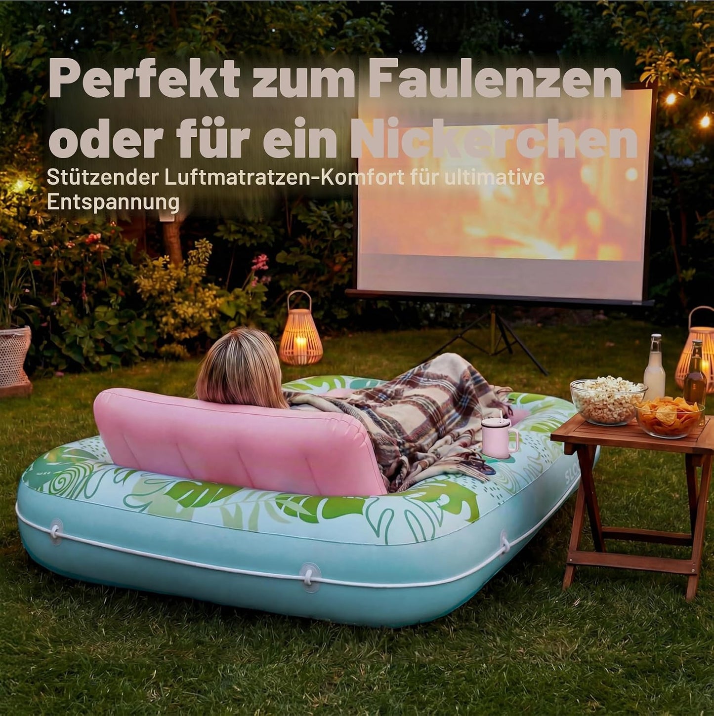 Aufblasbarer 4-in-1 Sonnenliegepool mit Kissen und Getränkehalter, Cyan-rosa L