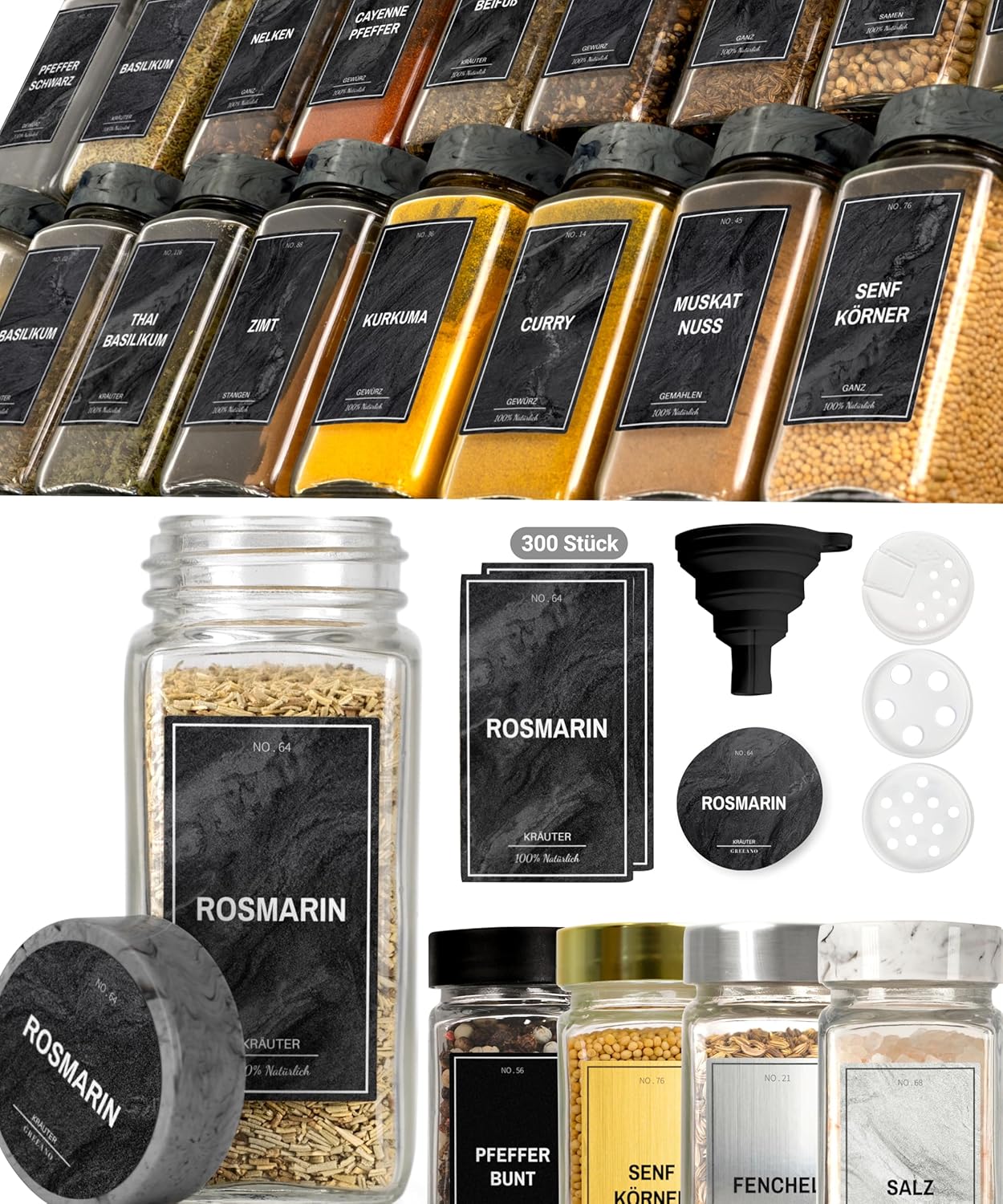 24-teiliges Gewürzgläser-Set mit Etiketten, Midnight Marble