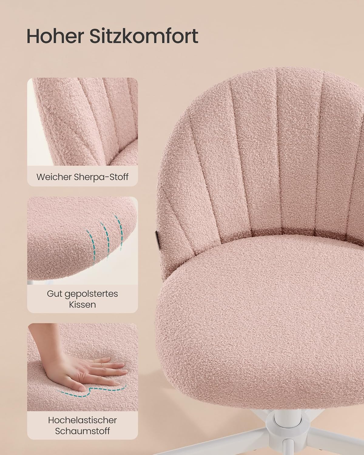 Höhenverstellbarer Drehstuhl, Rosa Sherpa-Stoff