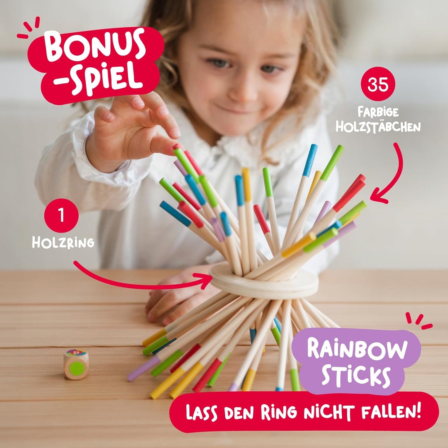 Pädagogisches Brettspiel mit bunten Stöcken, Würfeln und Karten - Spielzeug aus Holz