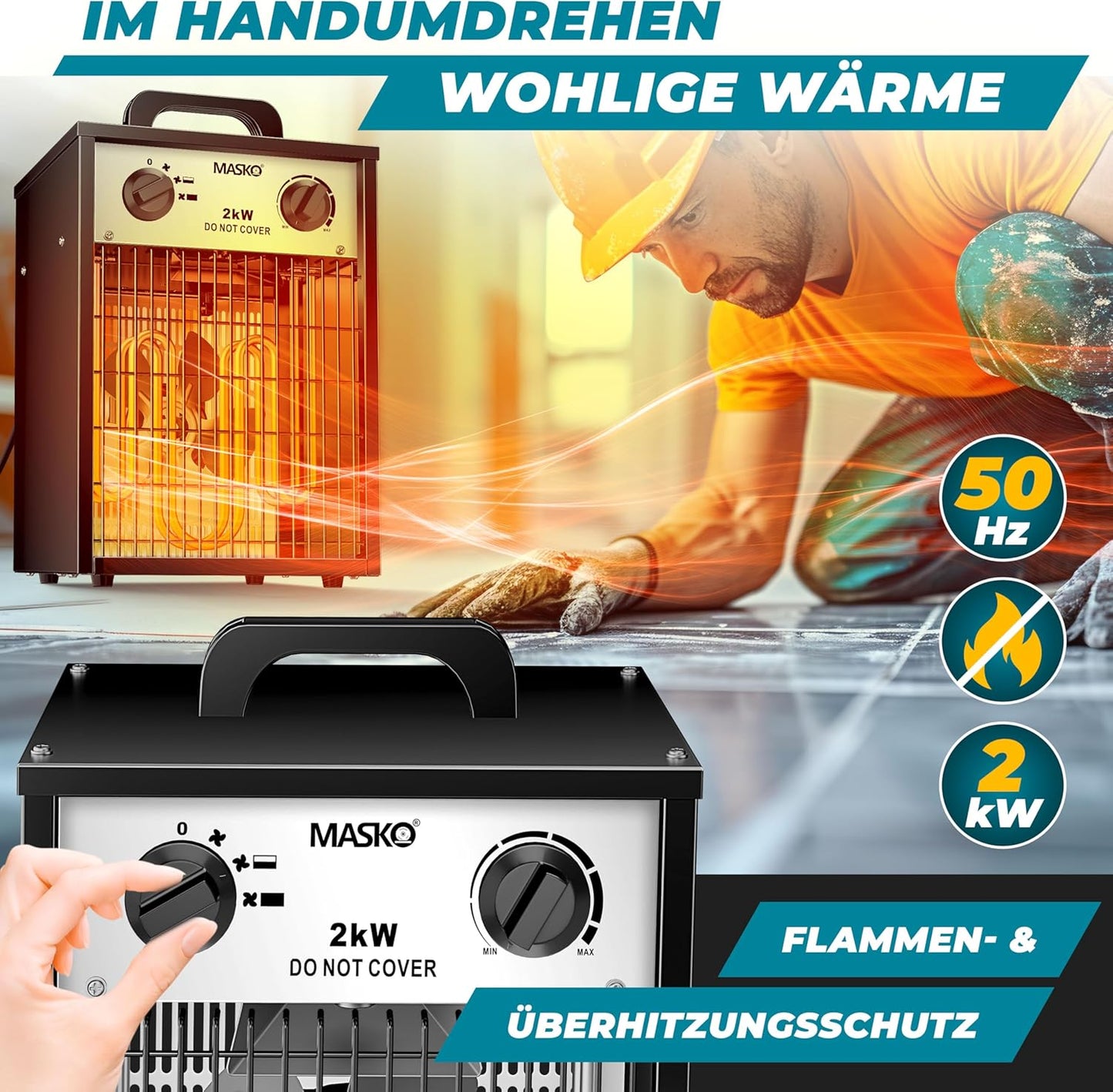 Elektroheizer mit Thermostat, 2 KW - Eckig Weiß