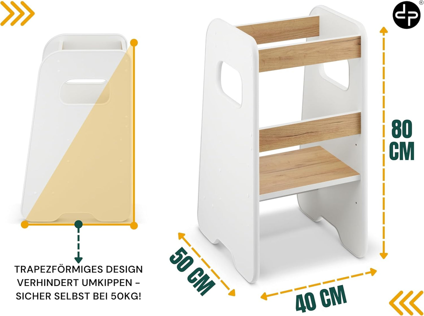 Höhenverstellbarer Lernturm mit Kippschutz, Weiß + Eiche