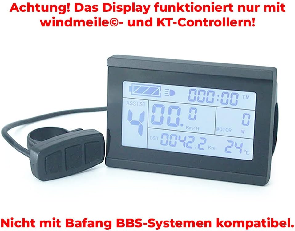 LCD-Bordcomputer für E-Bikes (24V/36V/48V), Waterproof - 5-Pin Julet Stecker