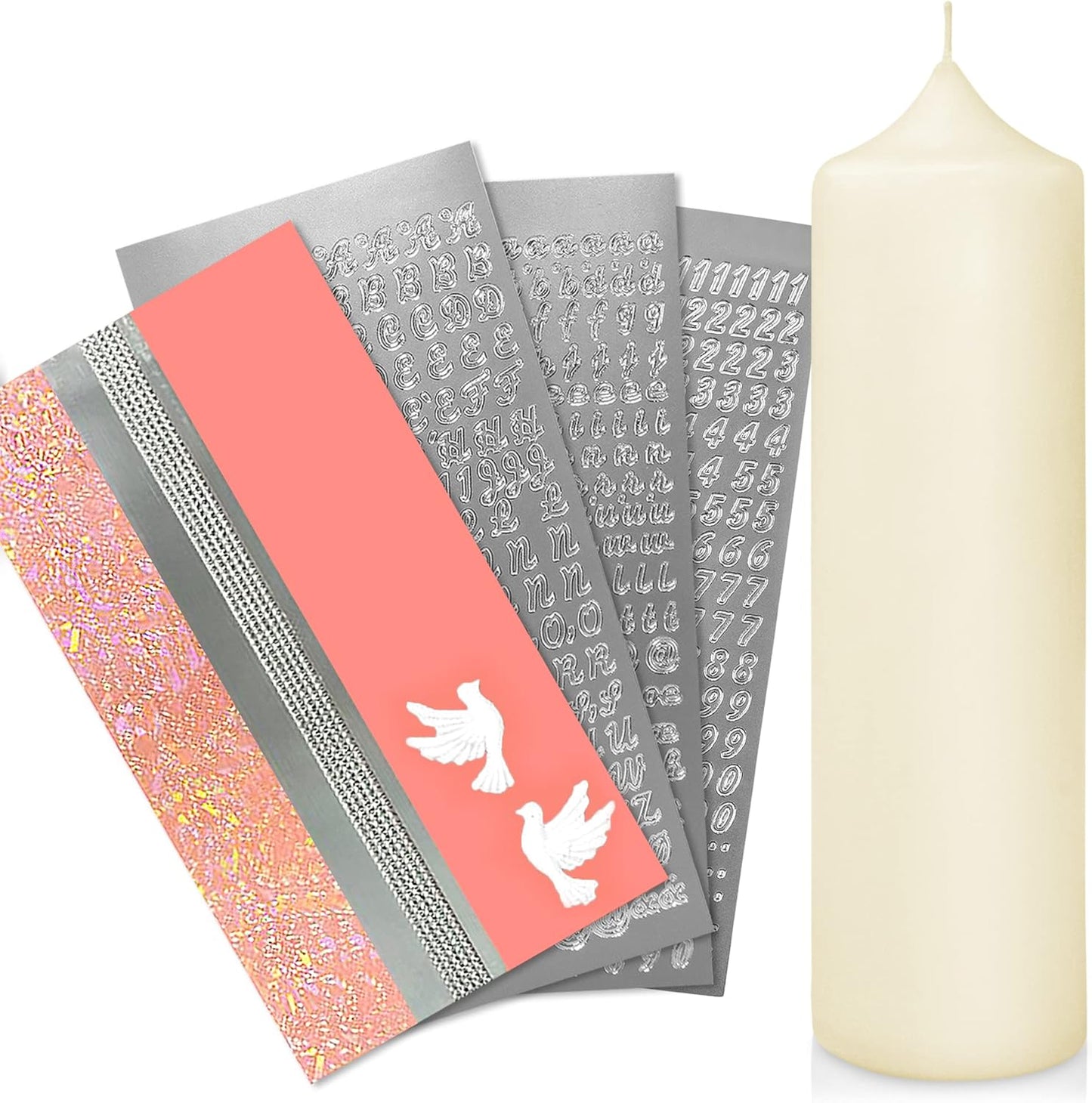 Taufkerze Bastelset mit Buchstaben und Wachsmotiven, Rosa mit Taube Kerze 25x7 cm | Creme
