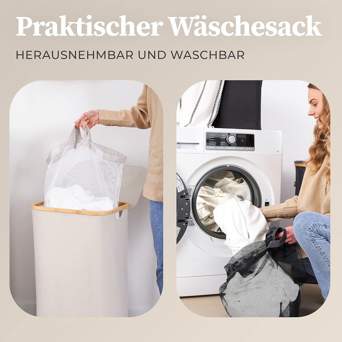 Wäschekorb mit Deckel, 100L 100l Beige-grau