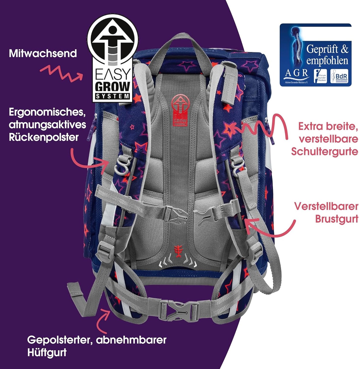 Ergonomisches Schulranzen-Set, 5-teilig, Pegasus Night Nuala, Pegasus Night Nuala - Lila-rosa