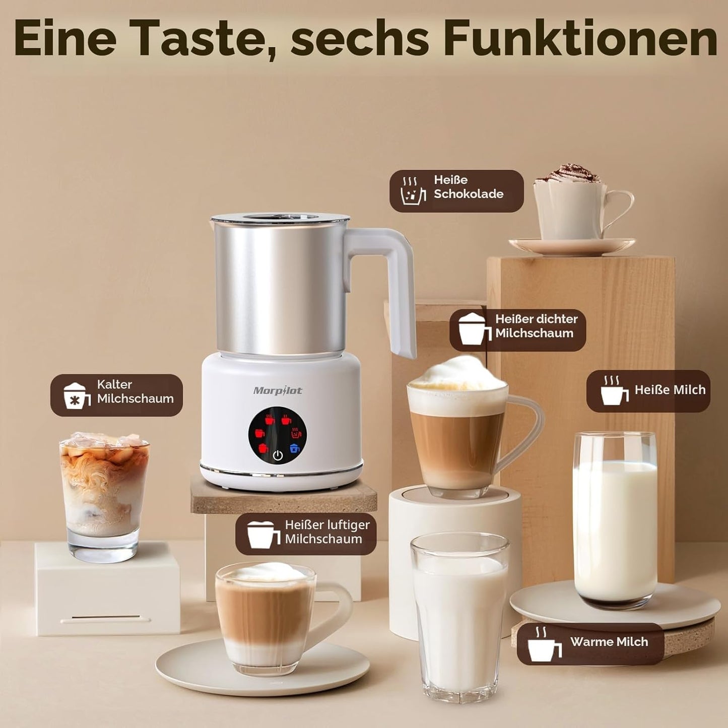 Elektrischer 6-in-1 Milchaufschäumer 500ml, spülmaschinenfest, Edelstahl Weiss