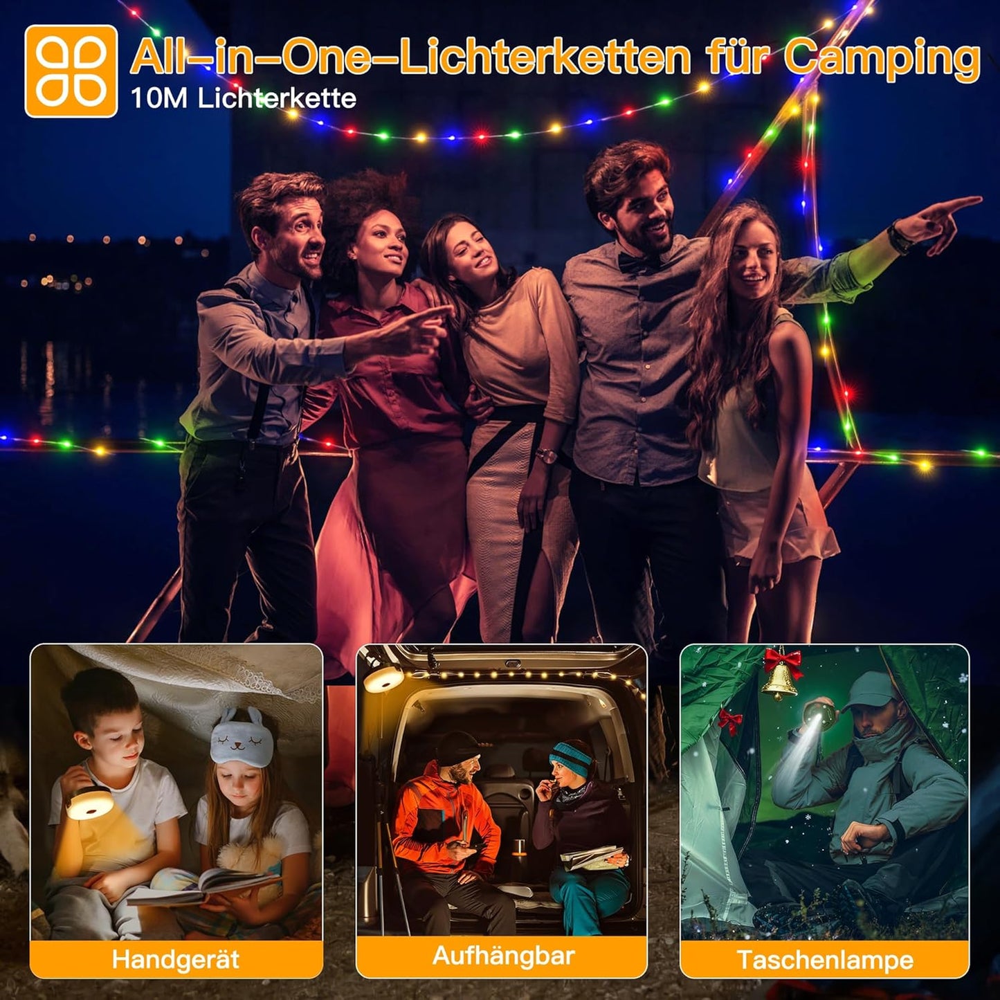 Camping Lichterkette 10M mit 9 Modi und Timer, 10M Warmweiss+bunt