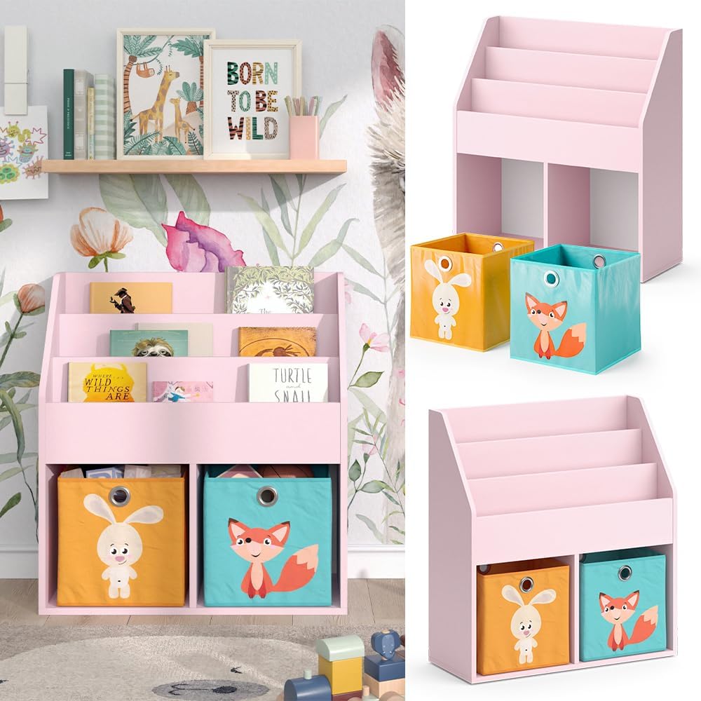 Kinderregal Luigi, Rosa 72x79 cm mit Faltboxen Fuchs/Hase