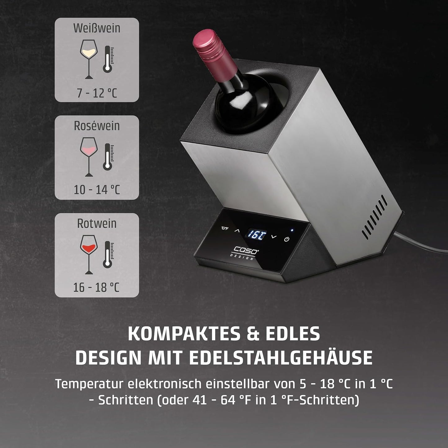 Weinkühler WineCase One für eine Flasche mit Sensor-Touch, Edelstahl
