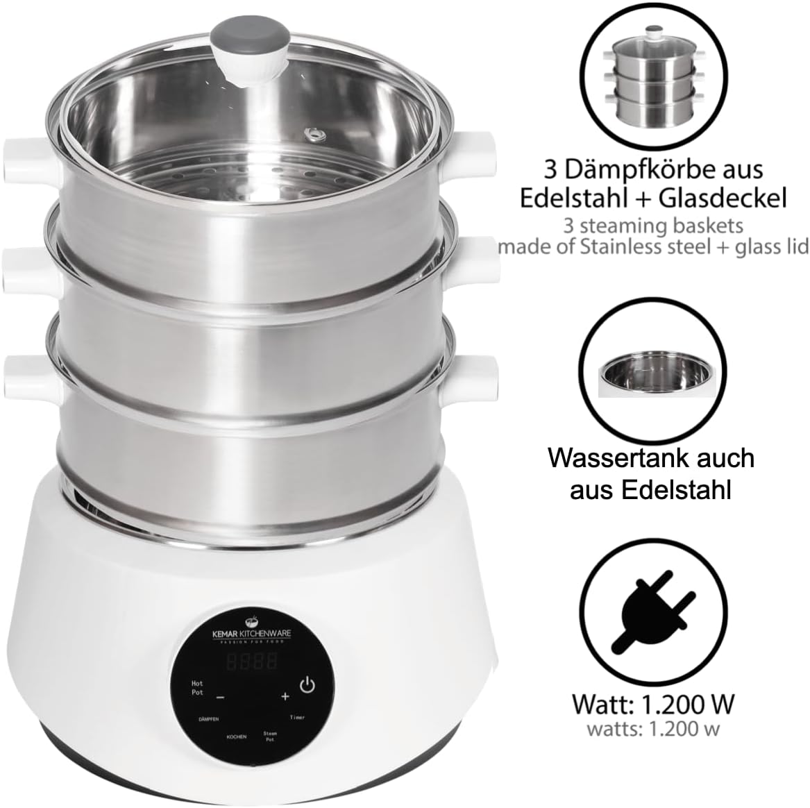 Dampfgarer & Hot Pot mit Touch Display und Timer, KFS-3000 Standardausführung