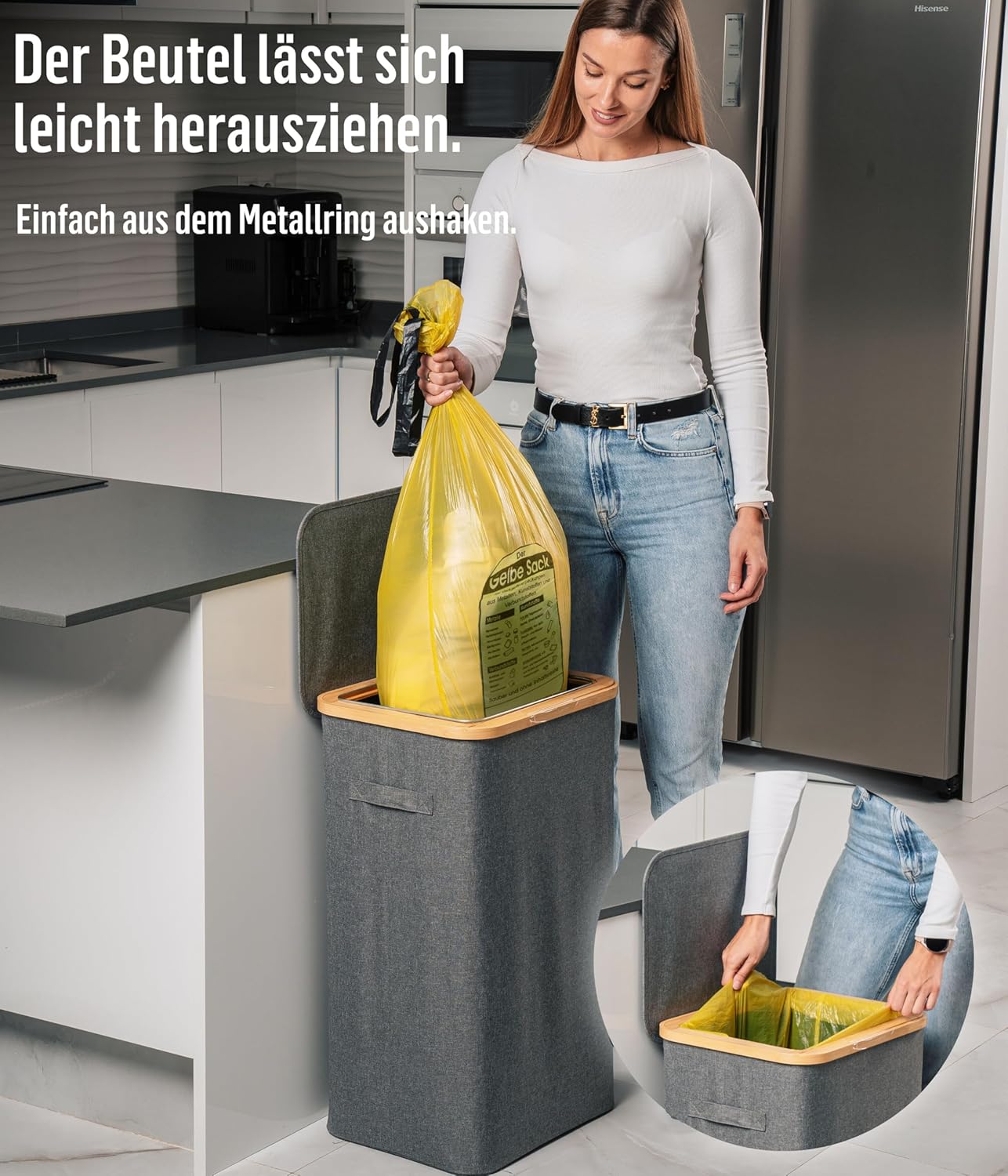 Müllsackständer mit Bambusrahmen, 90L - Grau
