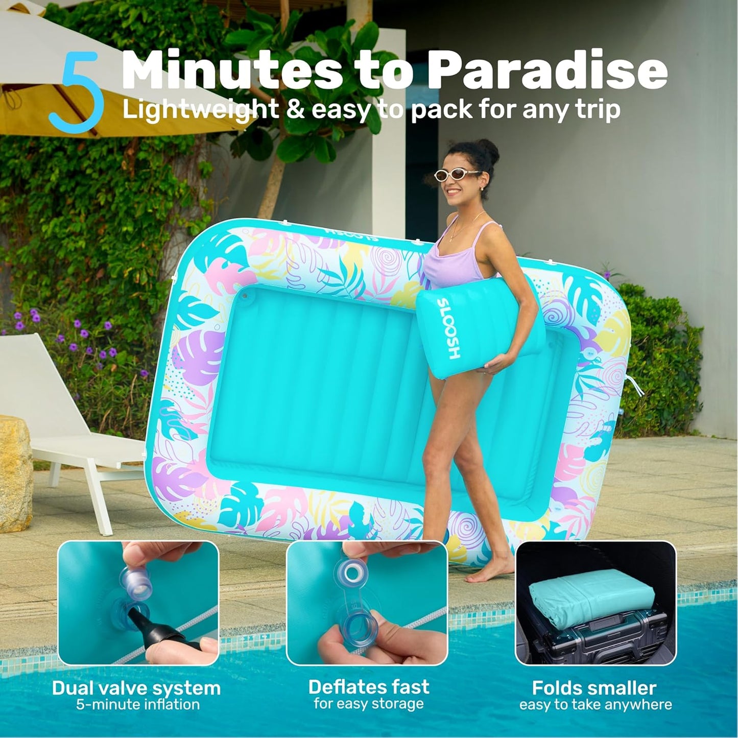 Aufblasbarer 4-in-1 Sonnenliegepool mit Kissen und Getränkehalter, Tropisches Blau L