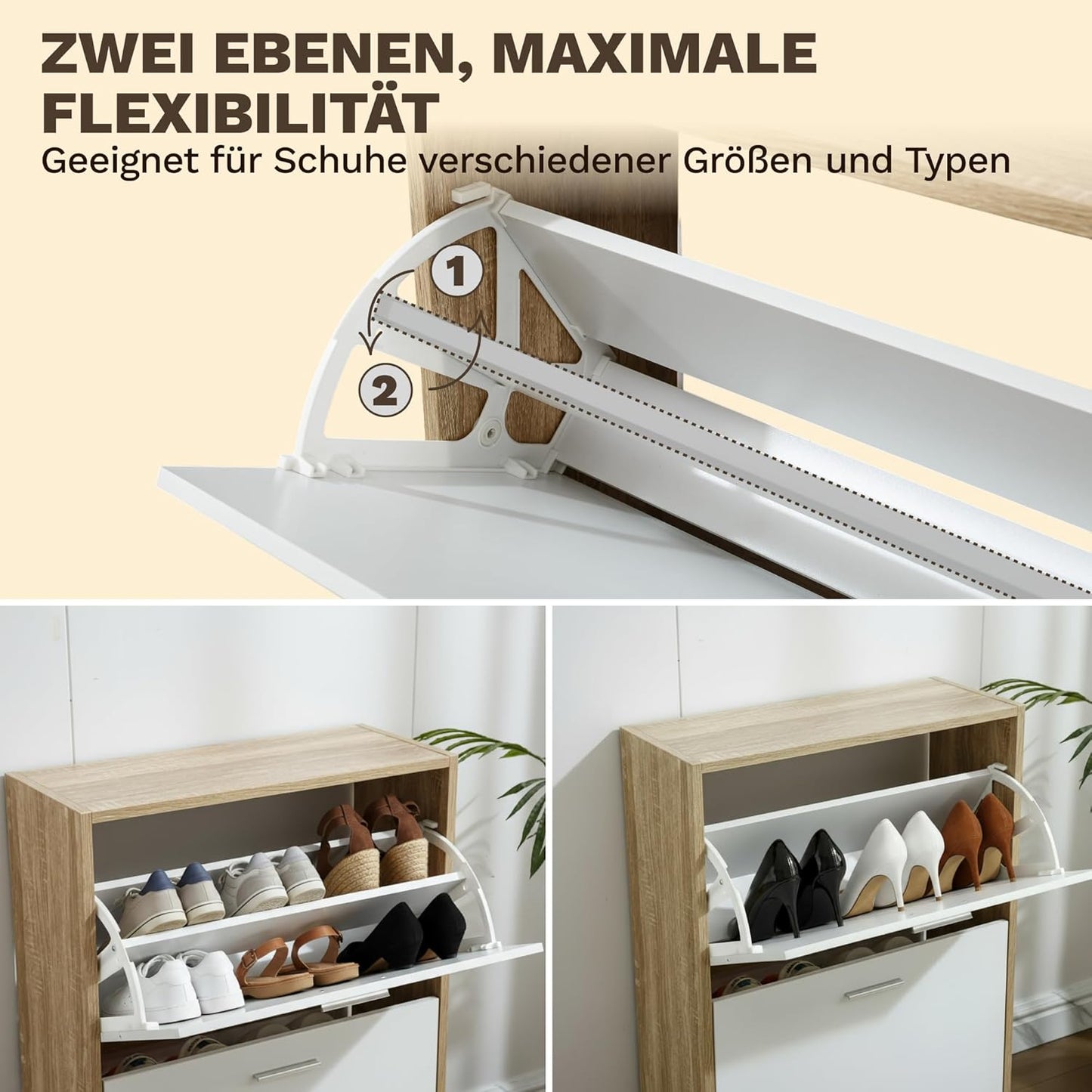 Schmaler Schuhschrank mit 2 Fächern für 12 Paar Schuhe, 2 Fächer Weiss