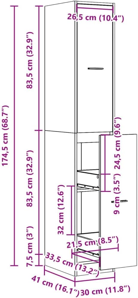 Apothekenschrank mit Schubladen aus Spanplatte, Weiß 30 x 41 x 174.5 cm