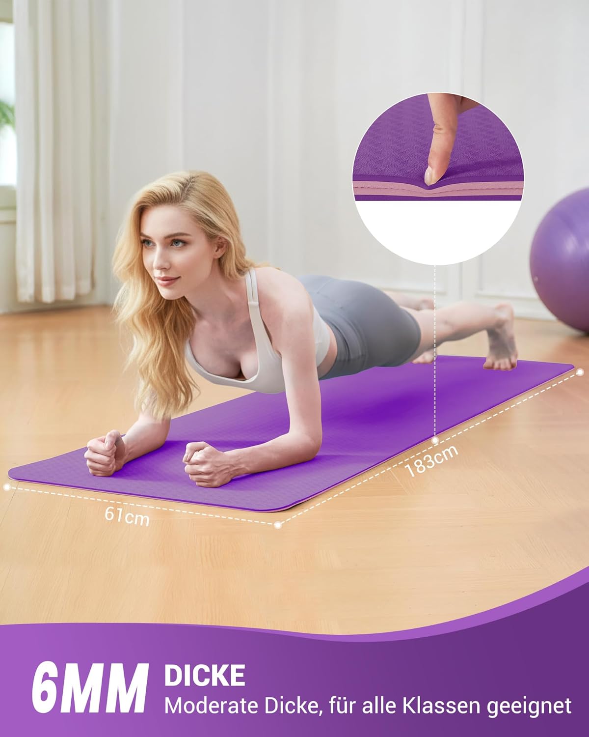 Rutschfeste Yogamatte für Gymnastik und Pilates, Lila/Rosa 6 mm