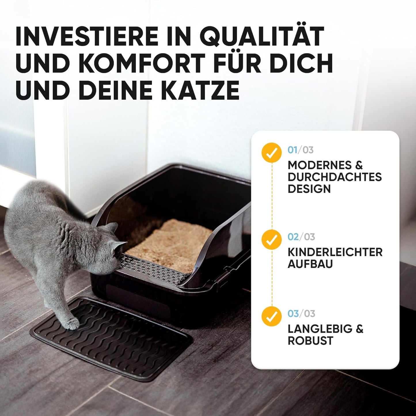 Katzentoilette mit hohem Rand, Schaufel und Streumatte, offen schwarz