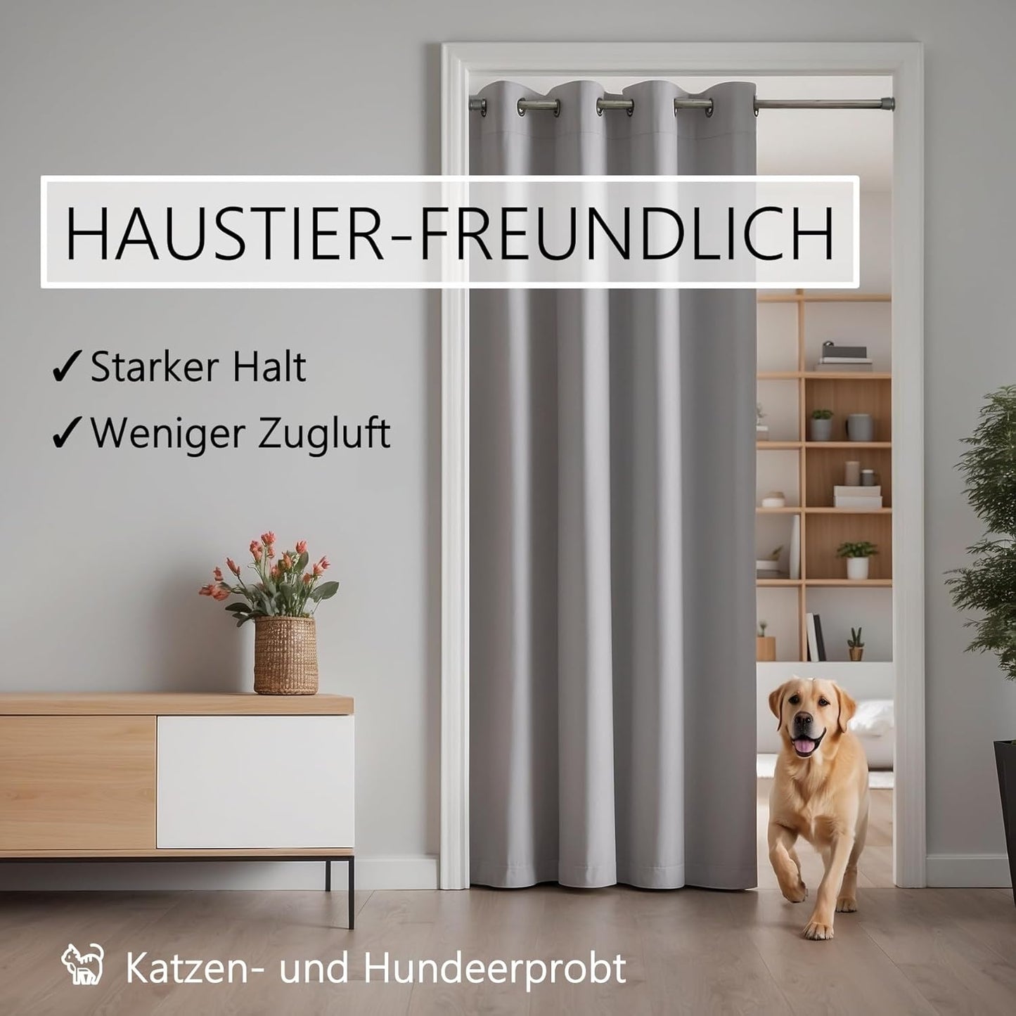 Türvorhang mit Teleskopstange, Vorhang 200 x 150 cm (HxB); Stange 55-90 cm Türvorhang Hellgrau + Stange Silber