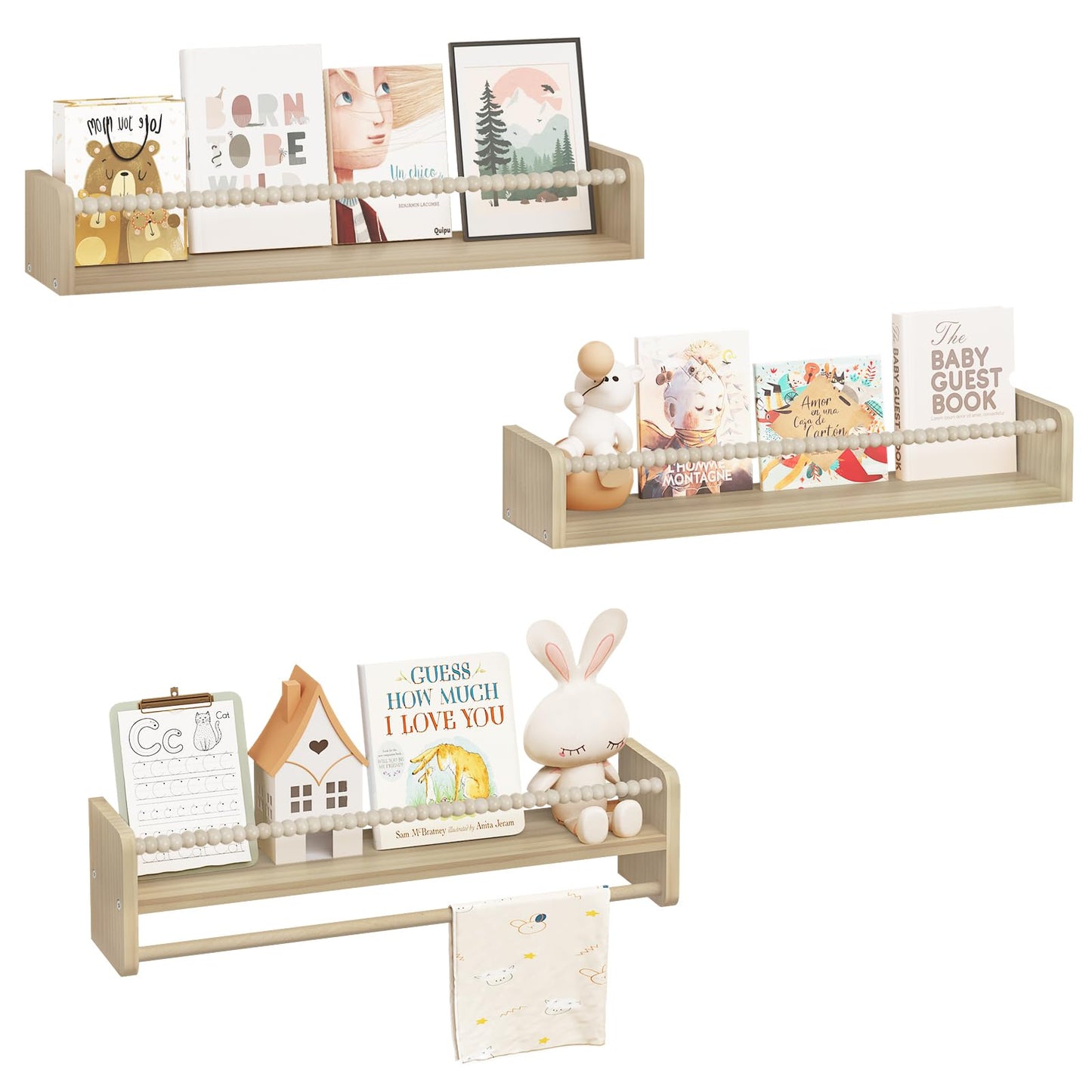 Kinder Bücherregal Wand 3er-Set aus Massivholz, 60 x 15 x 14 cm Naturholzfarbe