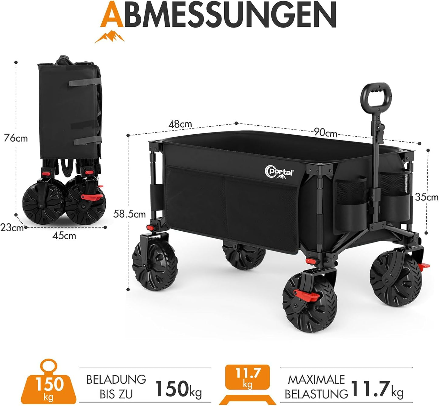 Faltbarer Bollerwagen mit Bremse und Seitentasche, Upgrade Schwarz