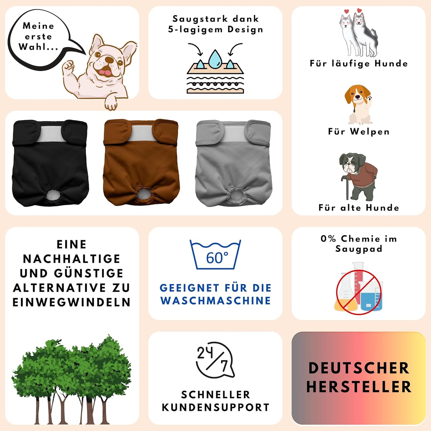 Hundewindeln für Hündinnen (3 Stück, waschbar), Grau / Schwarz / Braun XL