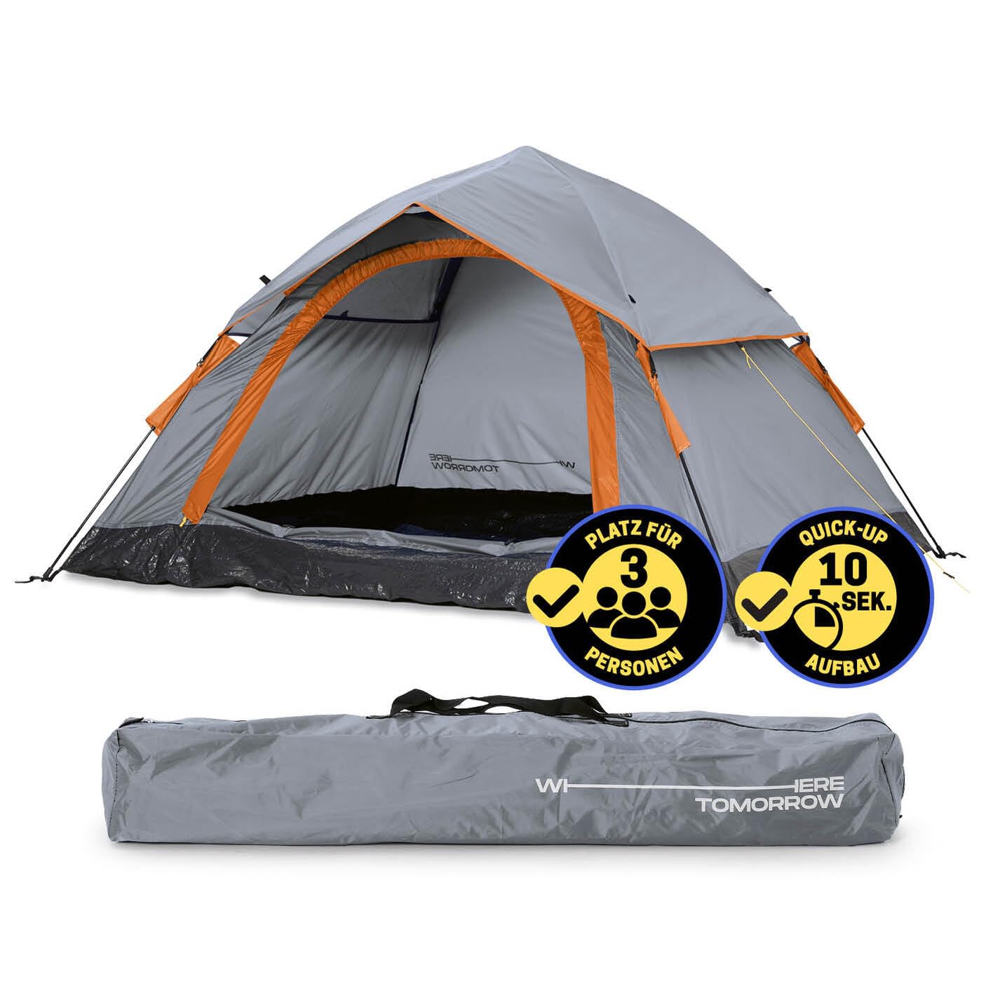 Pop Up Wurfzelt, Grau Orange 2-3 Personen | 1 Eingang