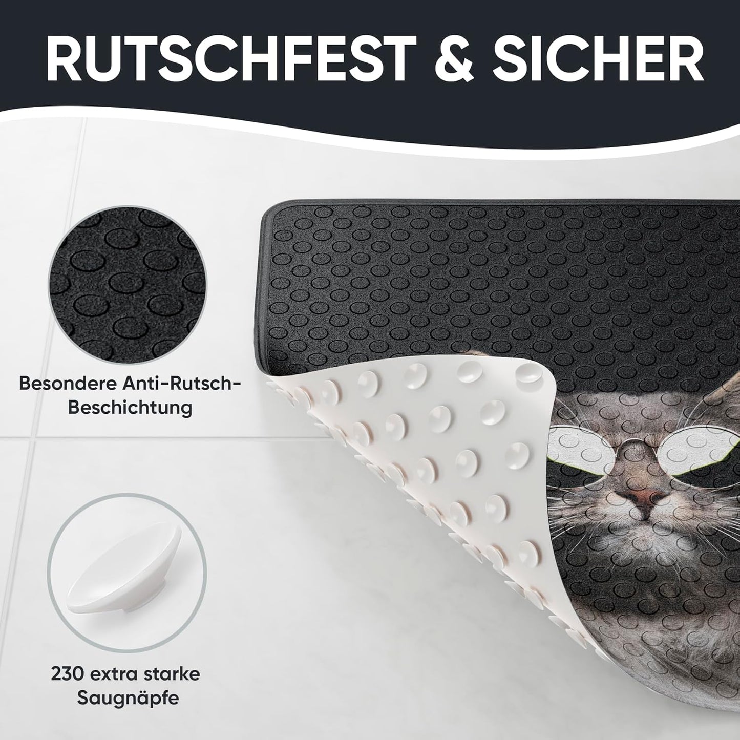 Rutschfeste Badematte 53 x 53 cm, maschinenwaschbar, Cool Cat