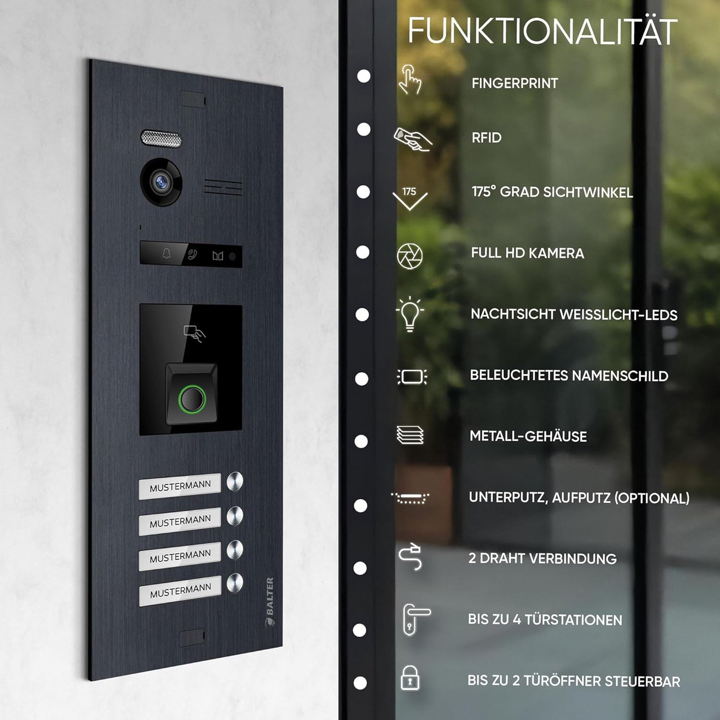 EVO-HD Video-Türsprechanlage mit Fingerprint für 4-Familienhaus, 4 Monitore, Mit App; C. Schwarz/Schwarz