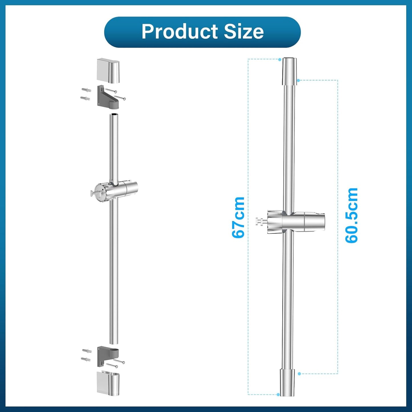 Edelstahl Duschstange 67 cm mit verstellbarer Halterung, 1*Edelstahl Duschstange