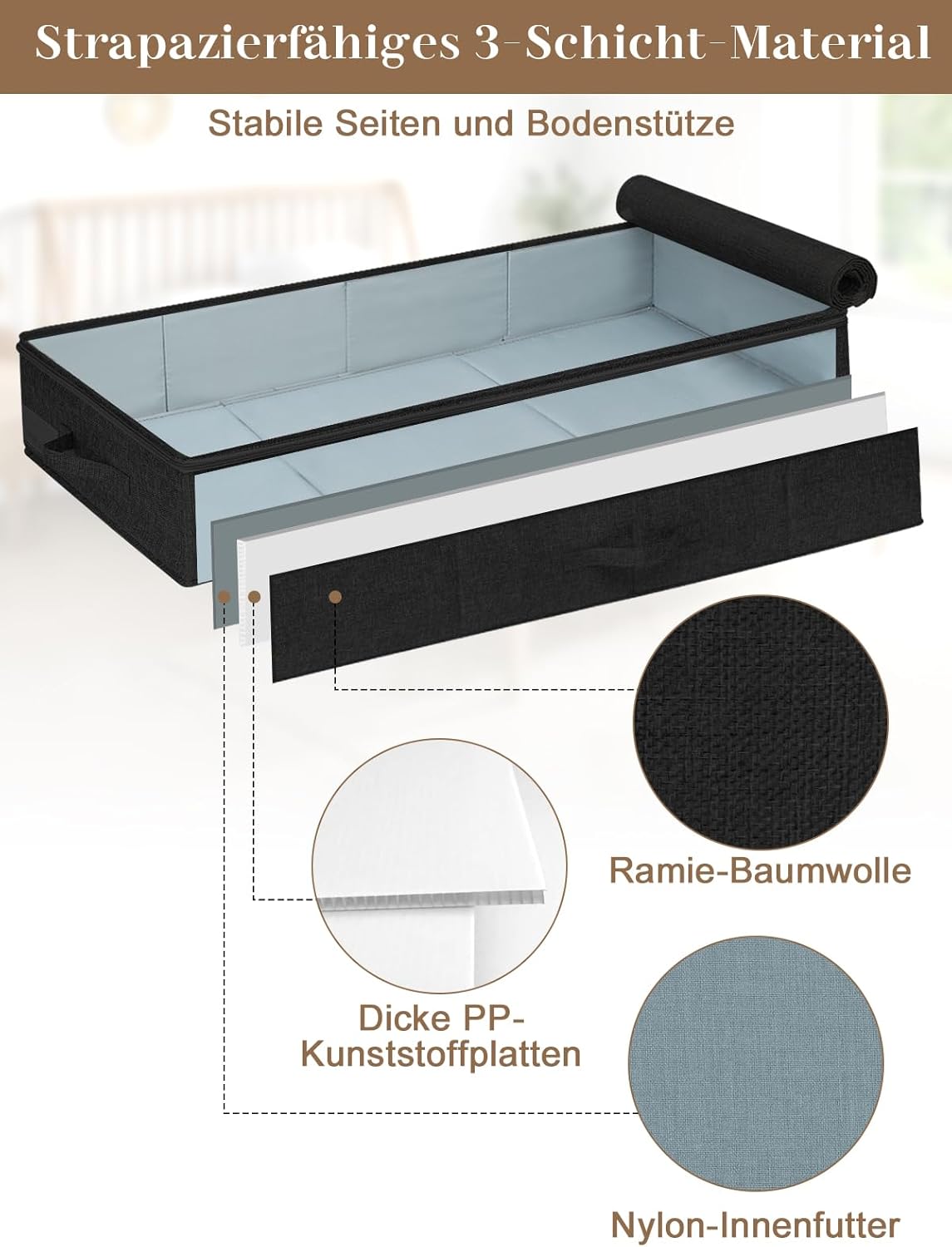 Faltbares Unterbett-Aufbewahrungsboxen Set, 3pcs-black