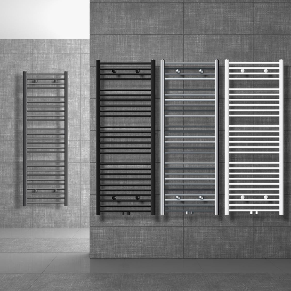 Handtuchheizkörper mit Mittelanschluss und Thermostat, 300x1400 mm gerade mit Durchgangs-Ventil Chrom