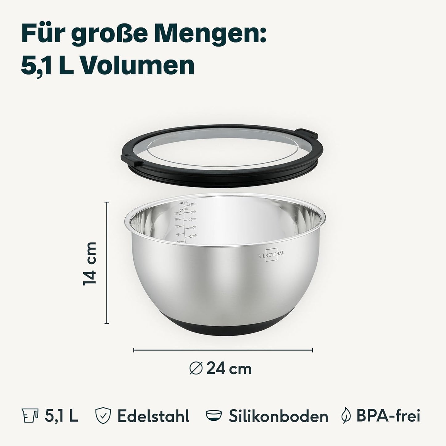 Edelstahl Rührschüssel mit Deckel, 5l, 5l