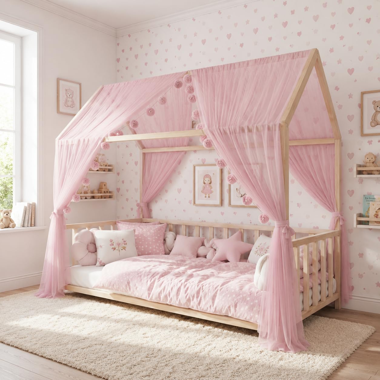 2er-Set Betthimmel für Kinderbett, Rosa 360cm, ohne Pompomgirlande