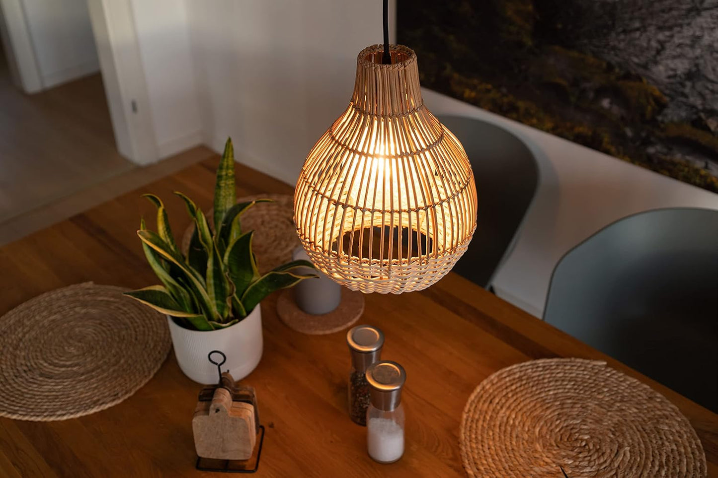 Boho Rattan Lampenschirm für Pendelleuchten E27, 2-farbig Natur