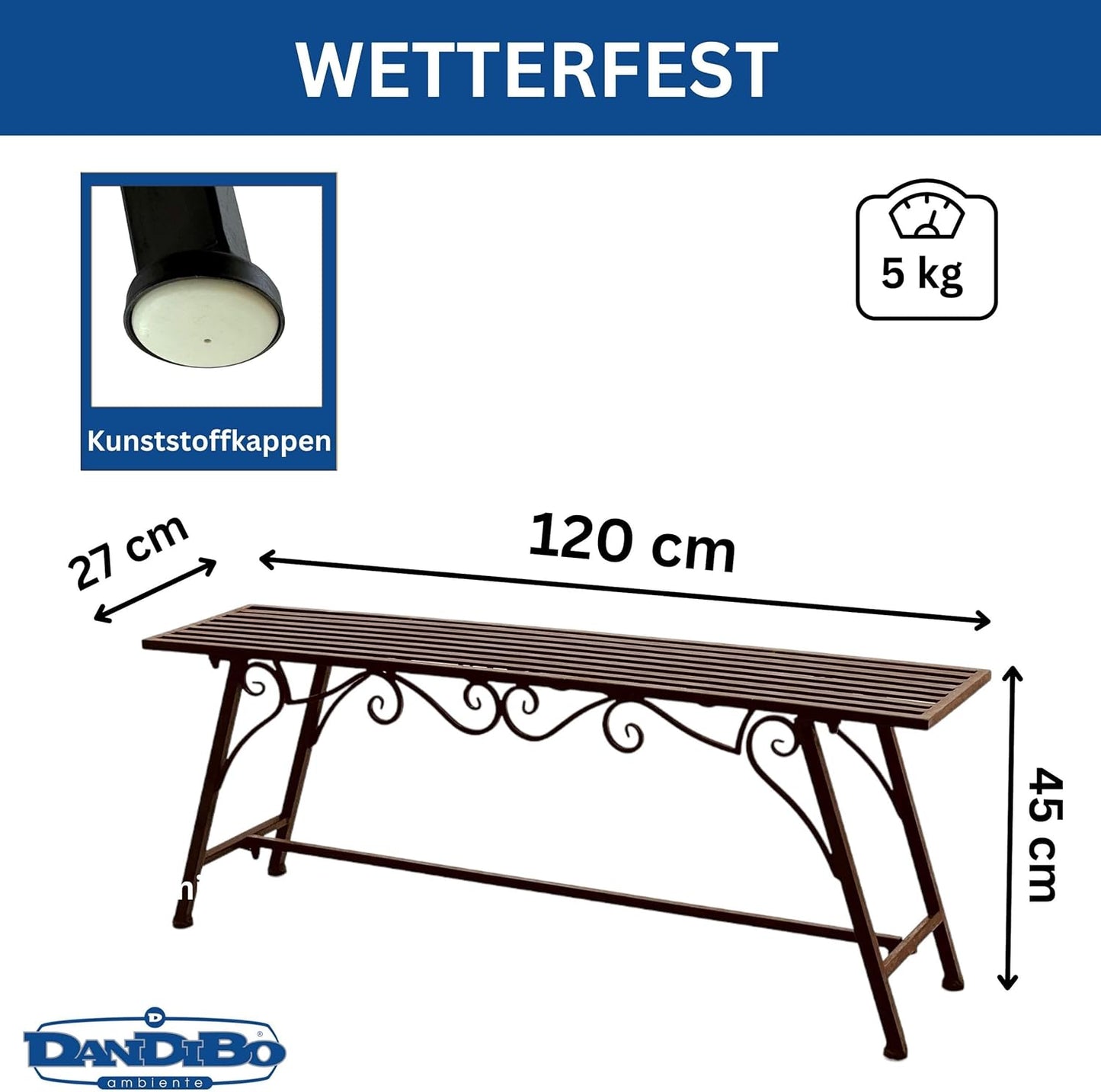 Wetterfeste Antik-Design Gartenbank Cucciu, 120 cm x 27 cm x 45 cm