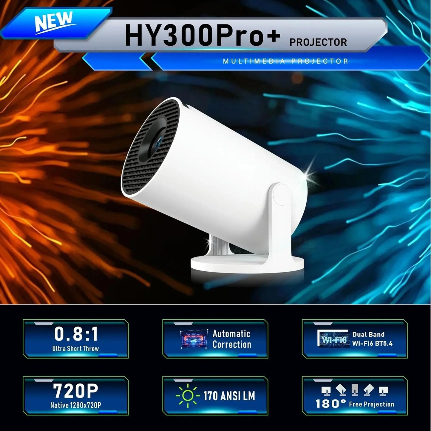 4K Heimkino Mini Beamer ‎HY300 Pro+ mit Android 14, Weiss