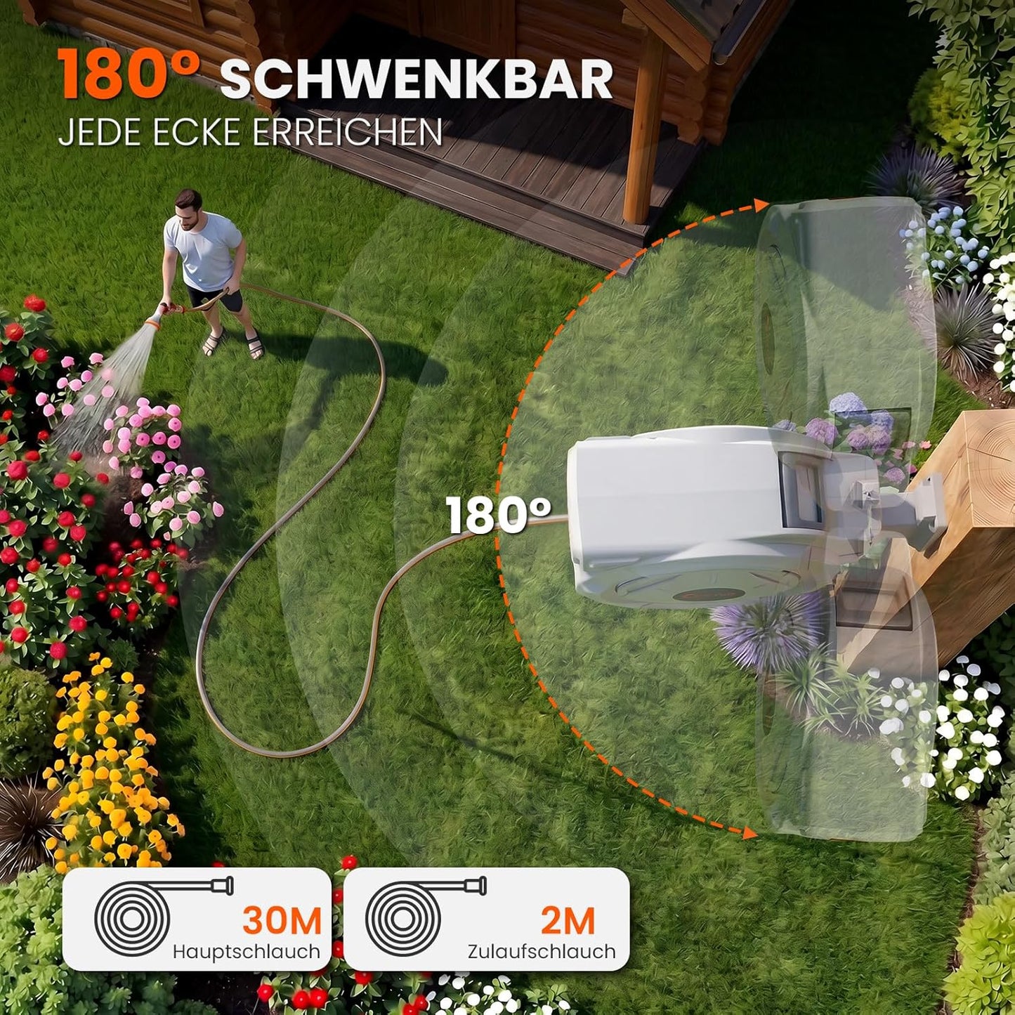 Schwenkbare Schlauchtrommel mit Gartenbrause, 30M