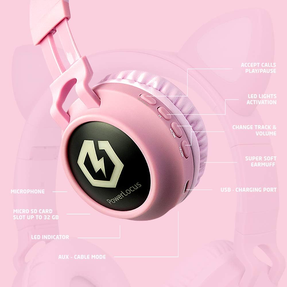 Bluetooth Kinderkopfhörer mit LED Katzenohren, Rosa